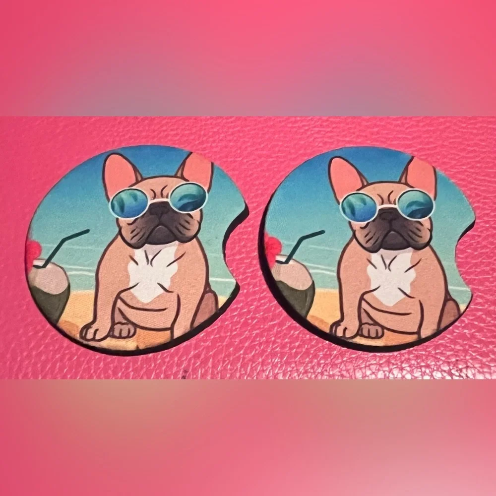 Fawn Frenchie wearing sunglasses coasters. Neoprene. Super absorbent. Standard